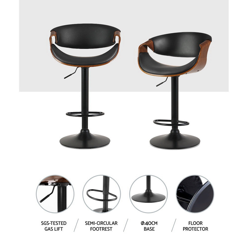 Artiss 2 x Bar Stools Gas Lift Leather w/Armrest - Black
