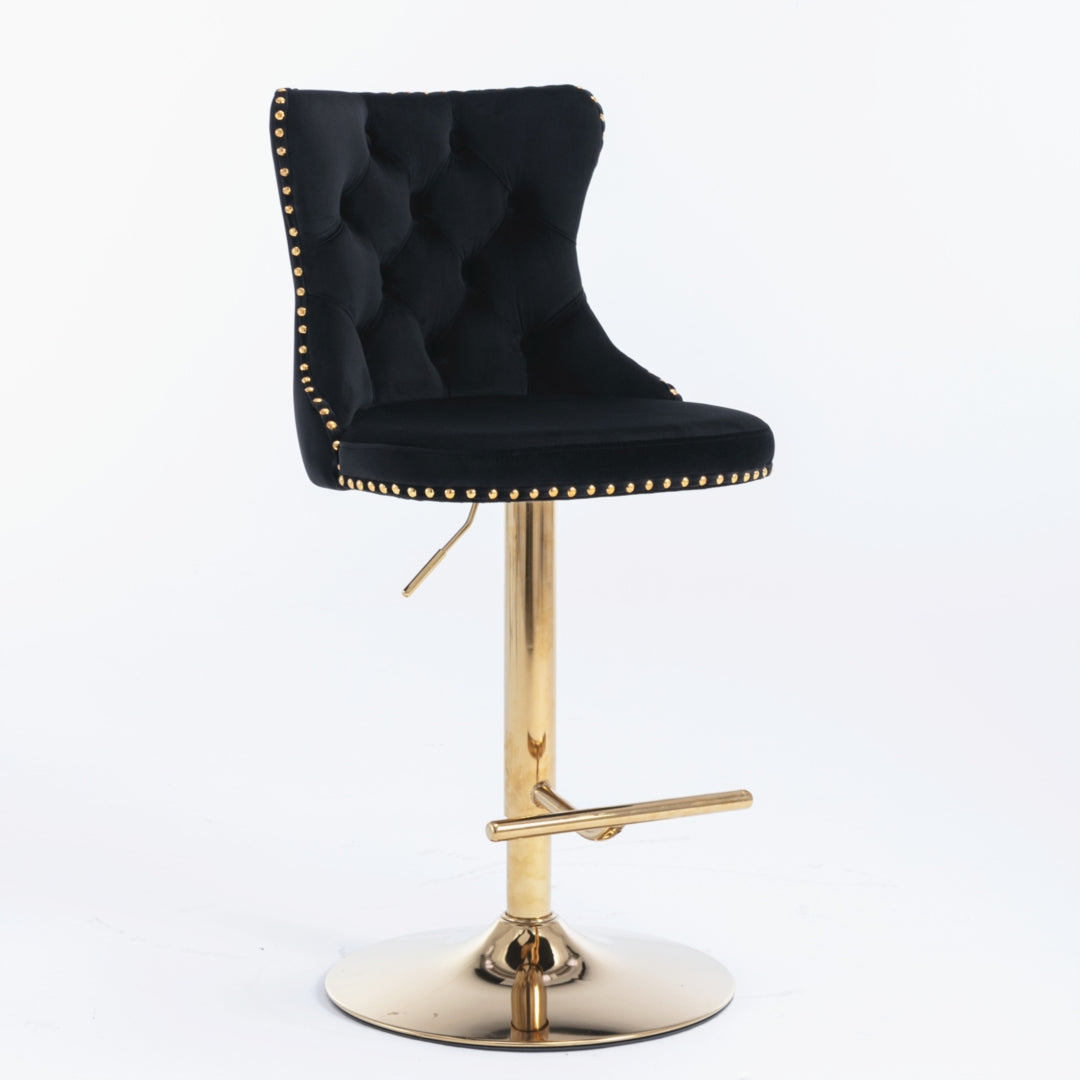 4 x Height Adjustable Swivel Bar Stool Velvet Studs with Footrest and Golden Base - Black