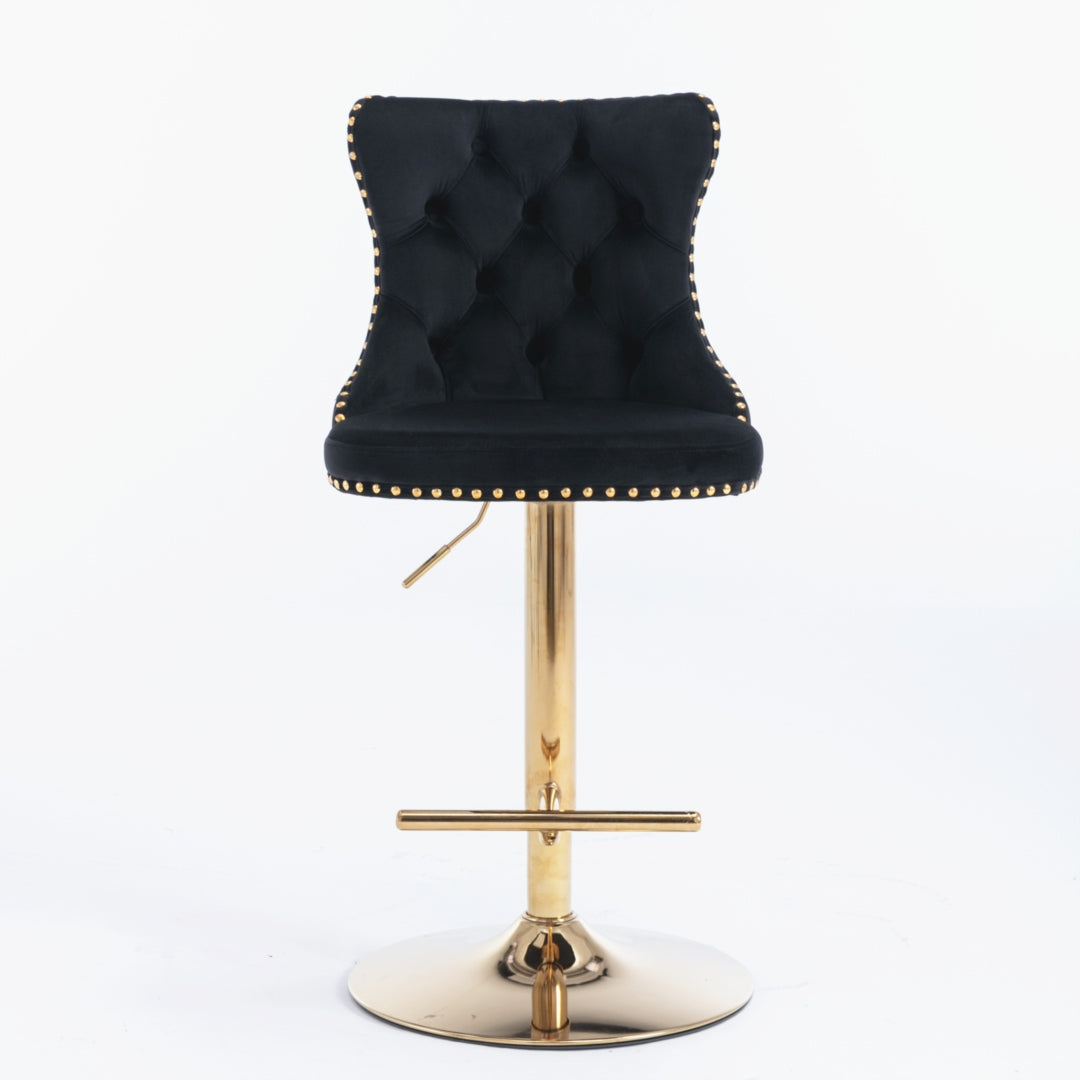 4 x Height Adjustable Swivel Bar Stool Velvet Studs with Footrest and Golden Base - Black