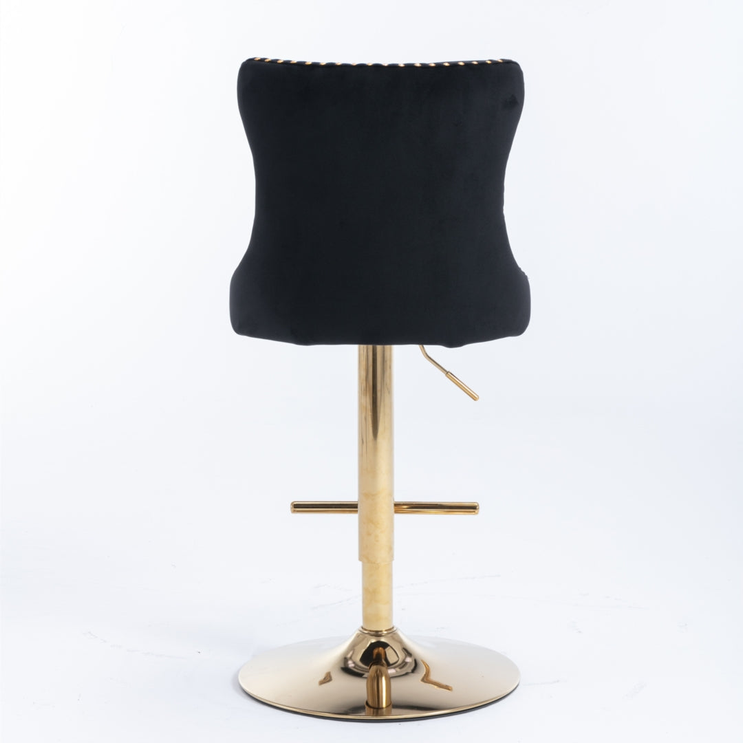 4 x Height Adjustable Swivel Bar Stool Velvet Studs with Footrest and Golden Base - Black