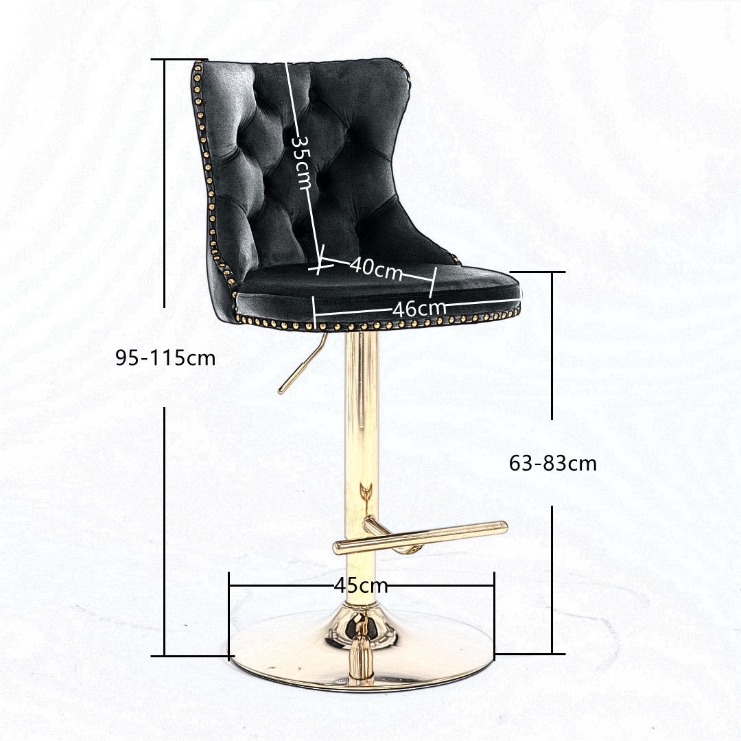 4 x Height Adjustable Swivel Bar Stool Velvet Studs with Footrest and Golden Base - Black