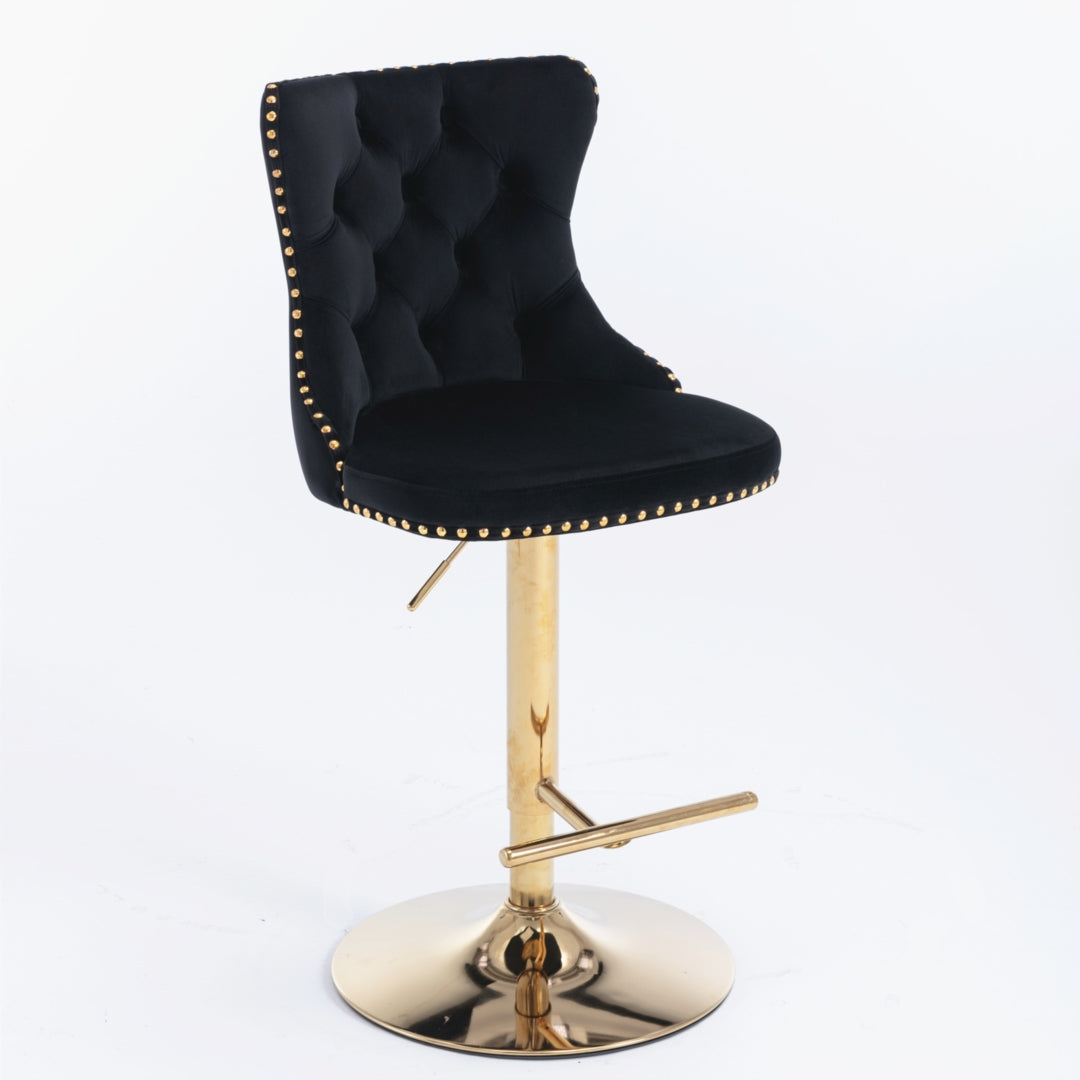 4 x Height Adjustable Swivel Bar Stool Velvet Studs with Footrest and Golden Base - Black