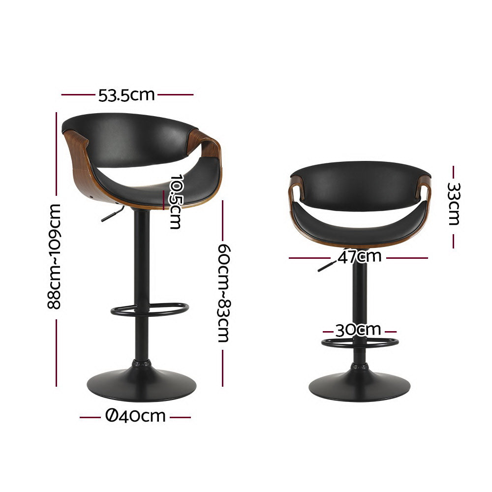 Artiss 2 x Bar Stools Gas Lift Leather w/Armrest - Black