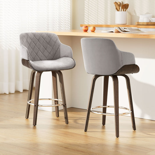 Artiss 2 x Bar Stools Swivel Velvet Padded Wooden - Grey