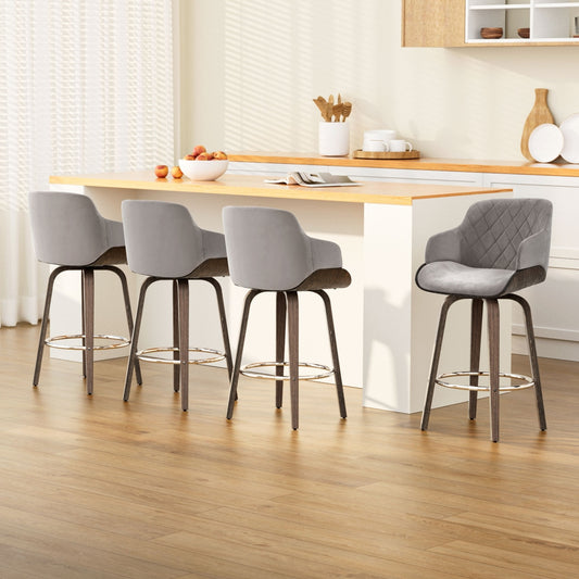 Artiss 4 x Bar Stools Swivel Velvet Padded Wooden - Grey