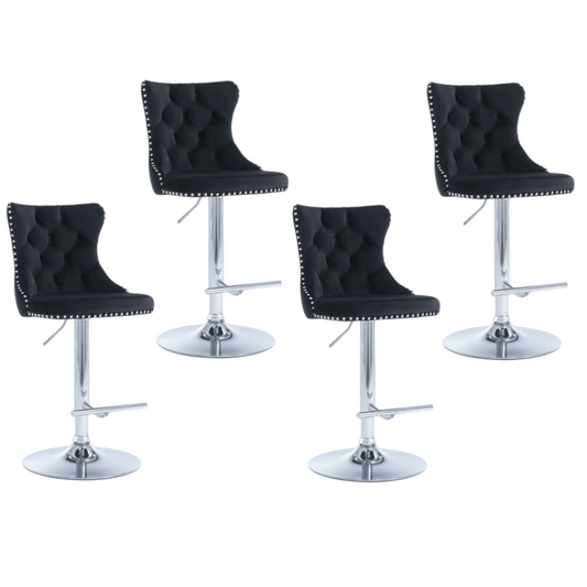 4 x Height Adjustable Swivel Bar Stool Velvet Studs with Footrest and Chromed Base - Black