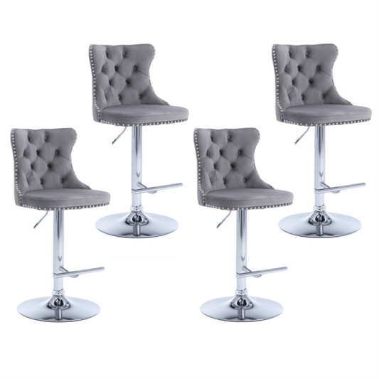 4 x Height Adjustable Swivel Bar Stool Velvet Stud with Footrest and Chromed Base - Gray
