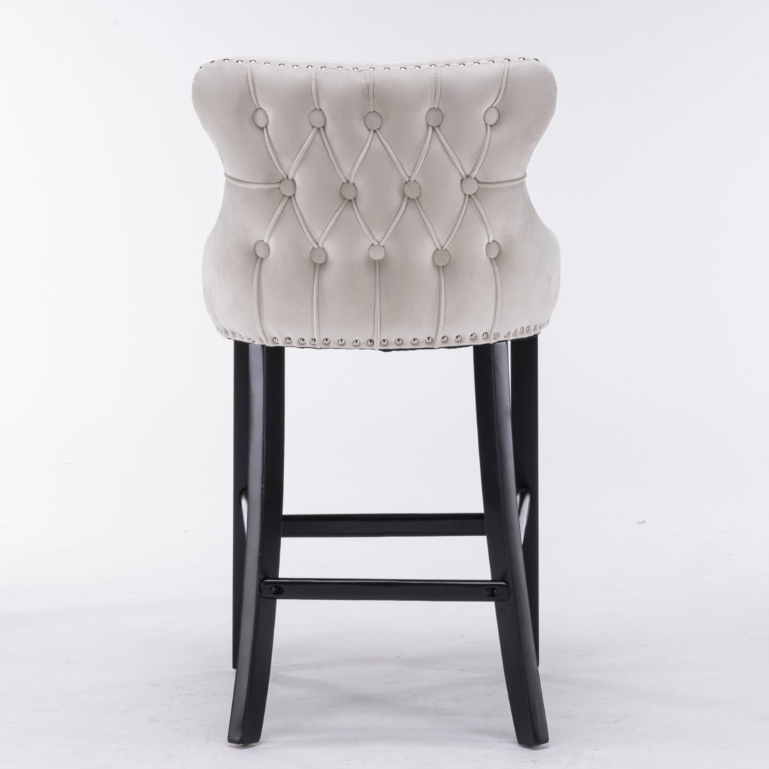 2 x Velvet Upholstered Button Tufted Bar Stools with Wood Legs and Studs - Beige
