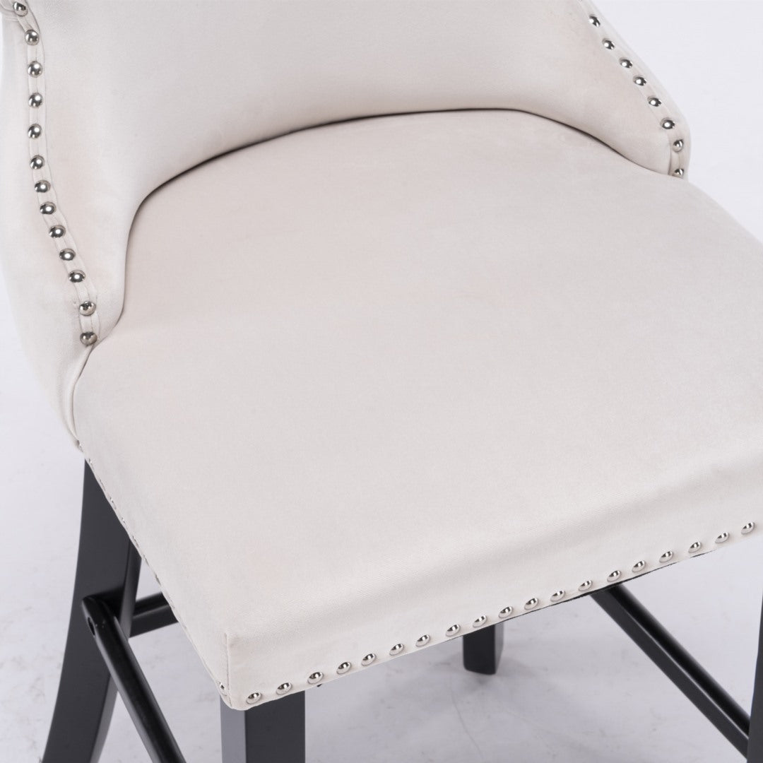 2 x Velvet Upholstered Button Tufted Bar Stools with Wood Legs and Studs - Beige