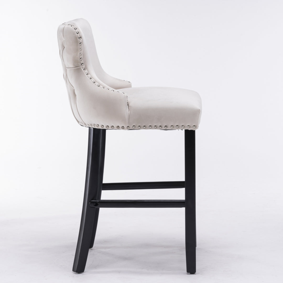 2 x Velvet Upholstered Button Tufted Bar Stools with Wood Legs and Studs - Beige
