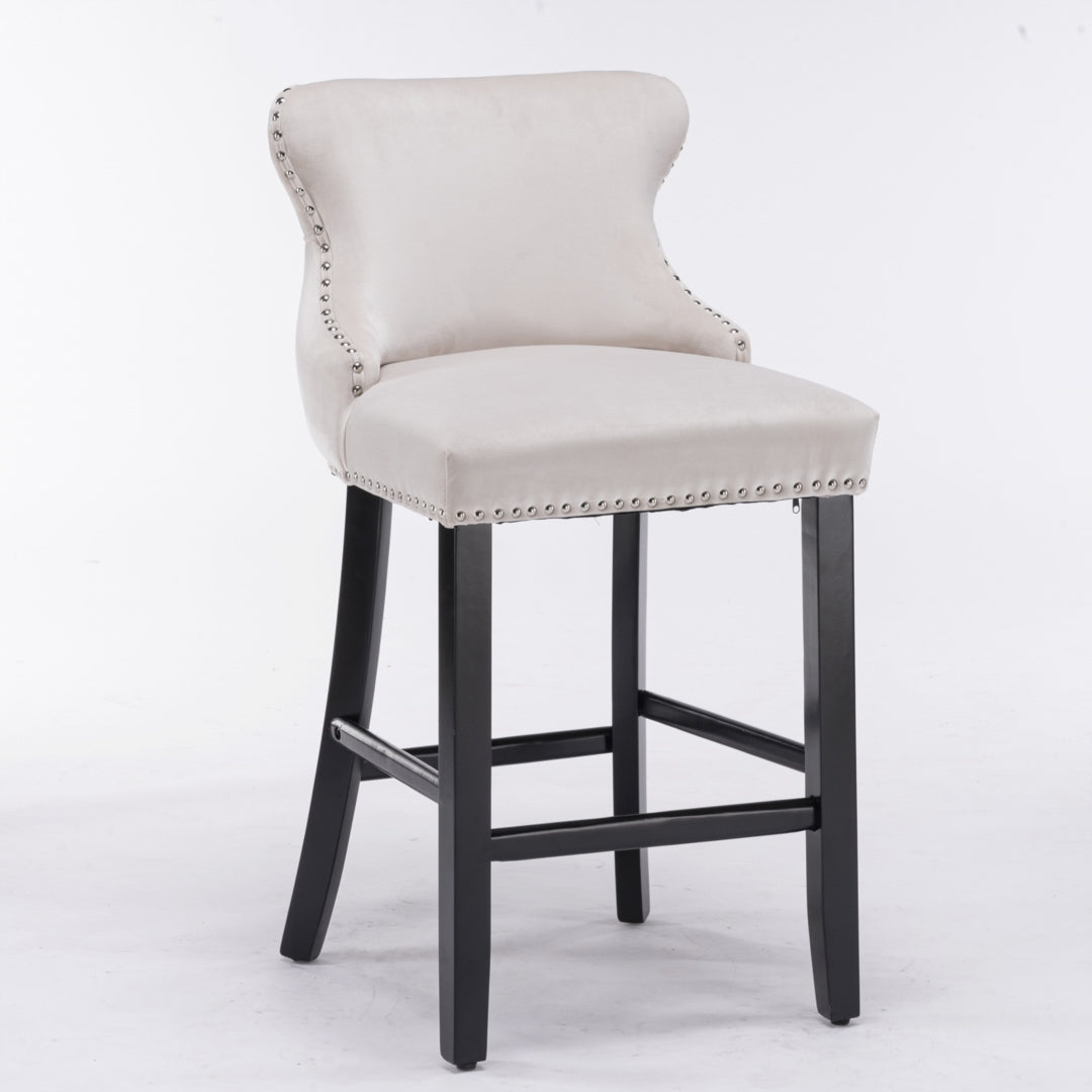 2 x Velvet Upholstered Button Tufted Bar Stools with Wood Legs and Studs - Beige