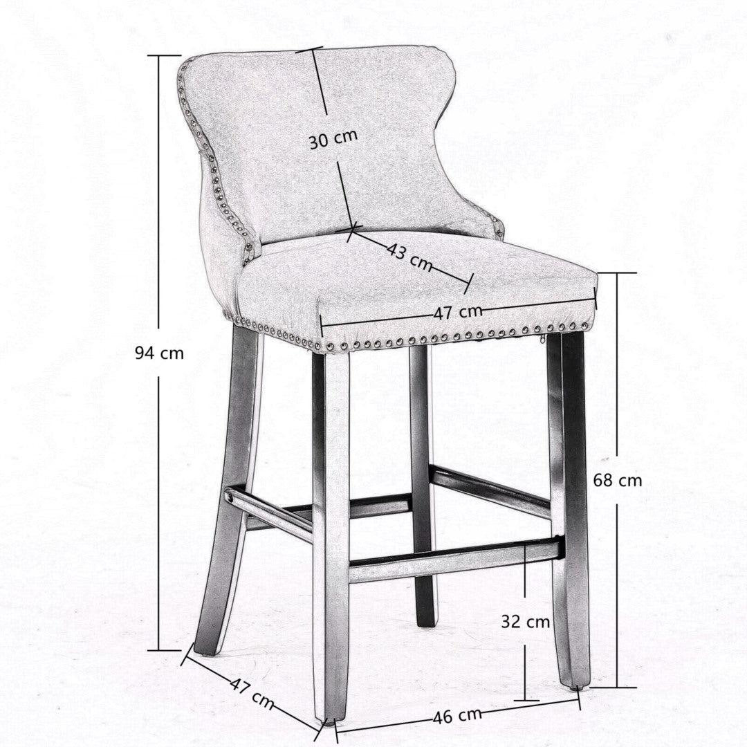 2 x Velvet Upholstered Button Tufted Bar Stools with Wood Legs and Studs - Beige