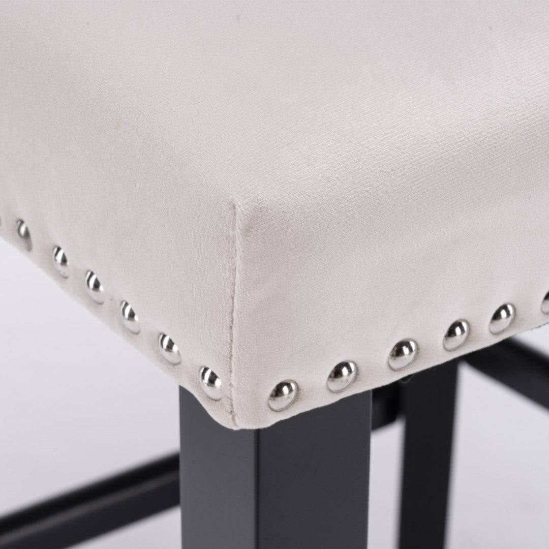 2 x Velvet Upholstered Button Tufted Bar Stools with Wood Legs and Studs - Beige