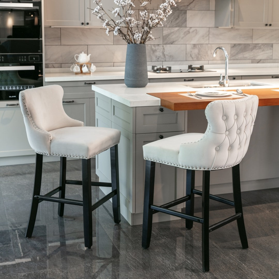 2 x Velvet Upholstered Button Tufted Bar Stools with Wood Legs and Studs - Beige