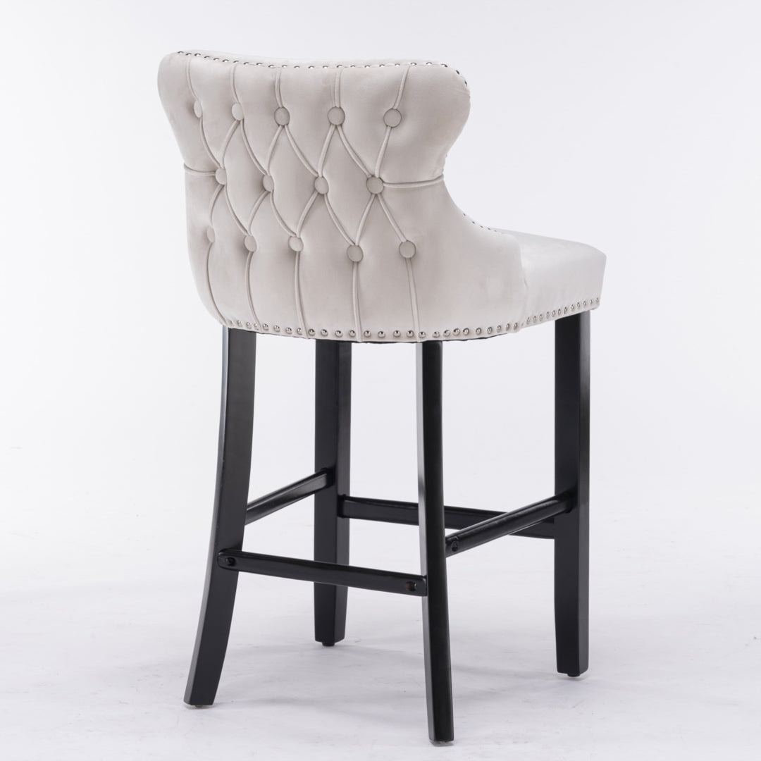 2 x Velvet Upholstered Button Tufted Bar Stools with Wood Legs and Studs - Beige