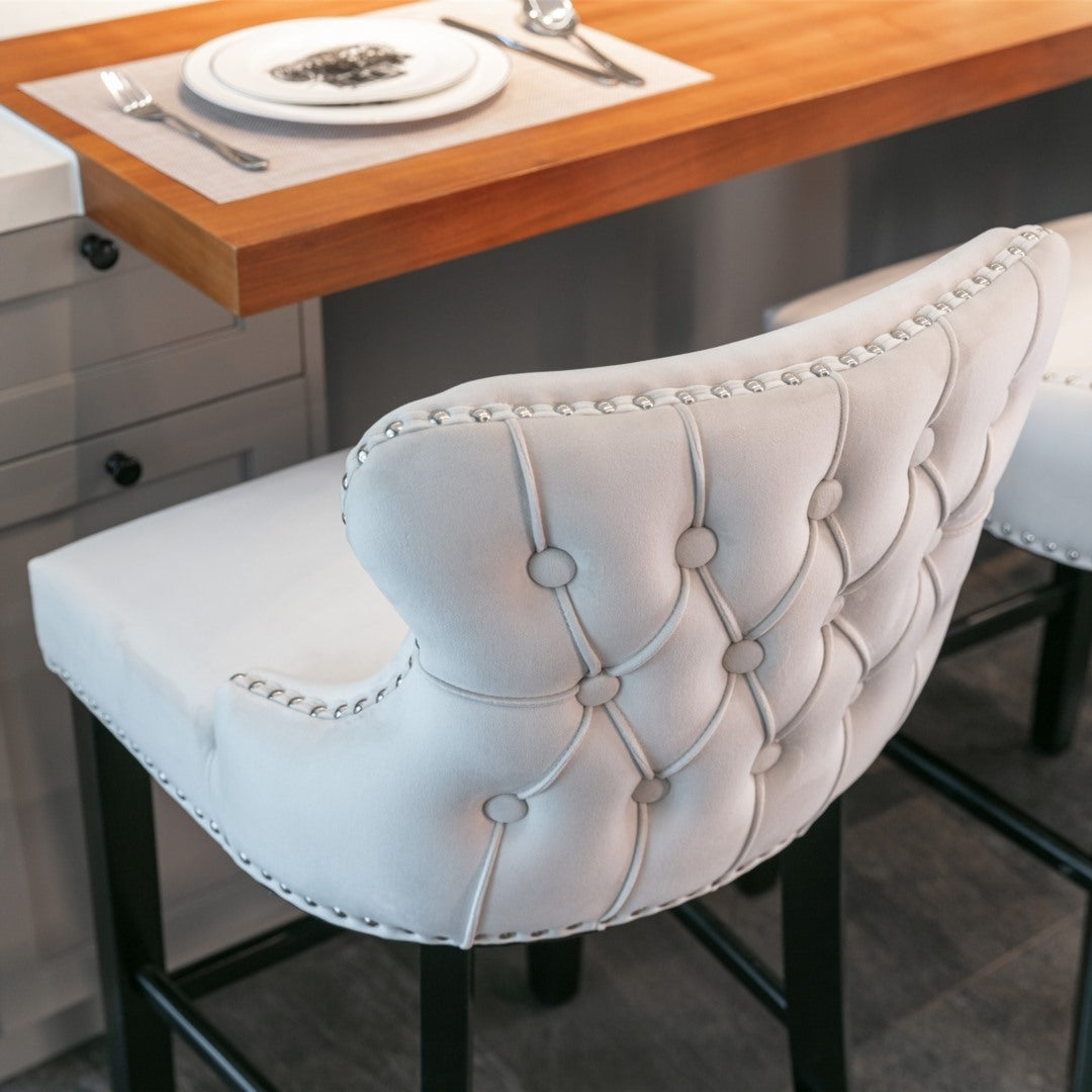 2 x Velvet Upholstered Button Tufted Bar Stools with Wood Legs and Studs - Beige