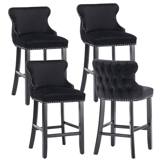 4 x Velvet Upholstered Button Tufted Bar Stools with Wood Legs and Studs - Black