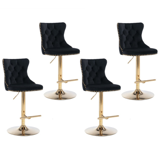 4 x Height Adjustable Swivel Bar Stool Velvet Studs with Footrest and Golden Base - Black
