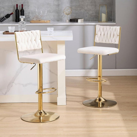 SERENITà 2 x Height Adjustable Swivel Bar Velvet Padded Flat Back Golden Round Base - White