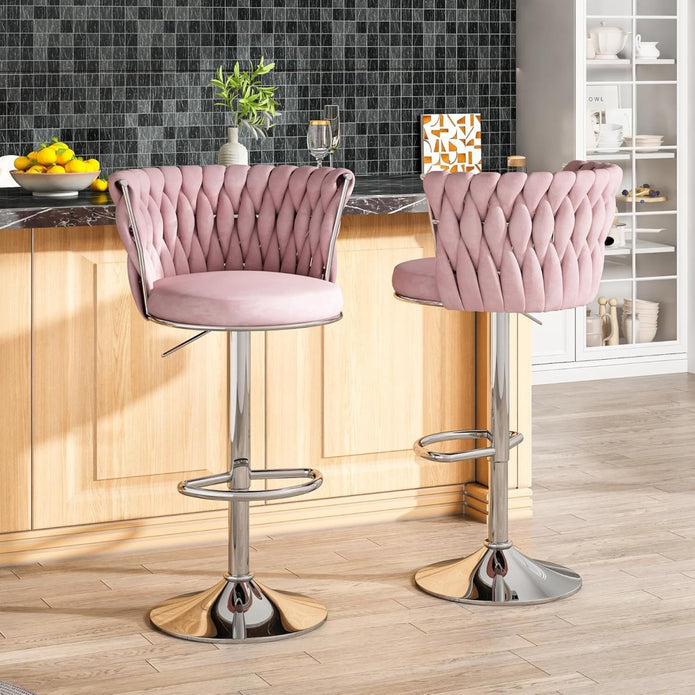 SERENITà 2 x Height Adjustable Counter Stool Swivel Bar Velvet Padded Metal Round Base - Pink