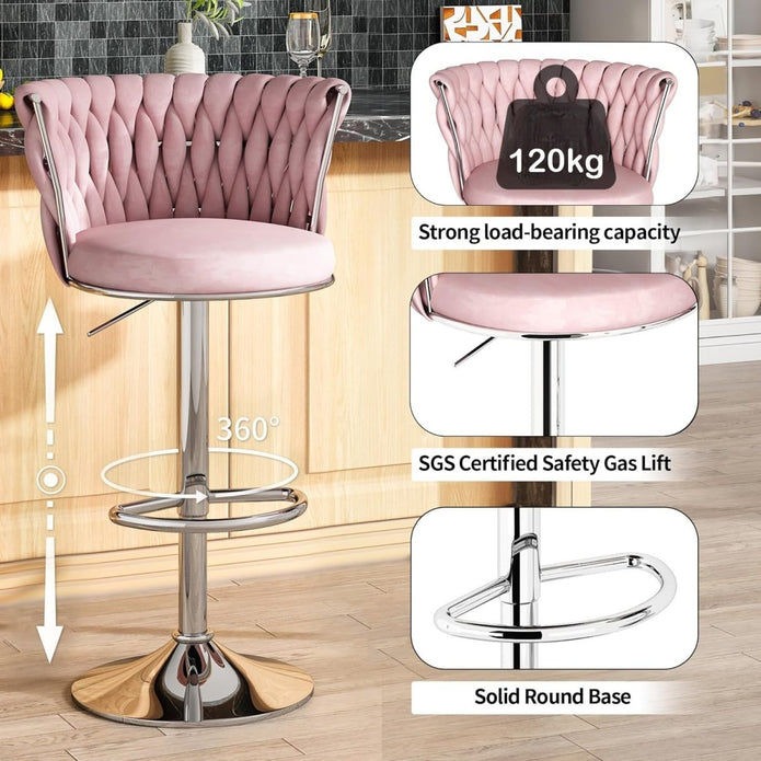 SERENITà 2 x Height Adjustable Counter Stool Swivel Bar Velvet Padded Metal Round Base - Pink