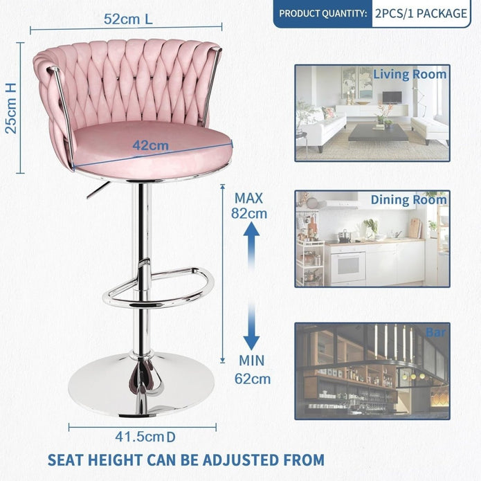 SERENITà 2 x Height Adjustable Counter Stool Swivel Bar Velvet Padded Metal Round Base - Pink