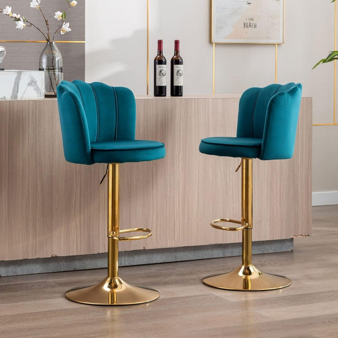 SERENITà 2 x Height Adjustable Counter Stool Swivel Bar Velvet Padded Golden Base - Teal Blue