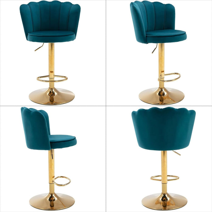 SERENITà 2 x Height Adjustable Counter Stool Swivel Bar Velvet Padded Golden Base - Teal Blue