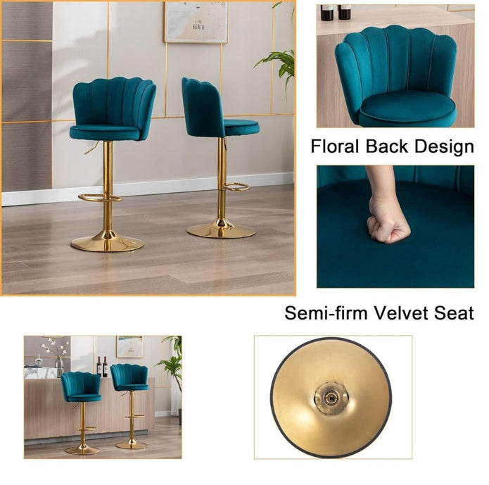 SERENITà 2 x Height Adjustable Counter Stool Swivel Bar Velvet Padded Golden Base - Teal Blue